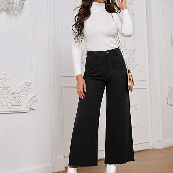 Black Casual Womens High Waist Wide Leg Jeans - Picture 2 of 5